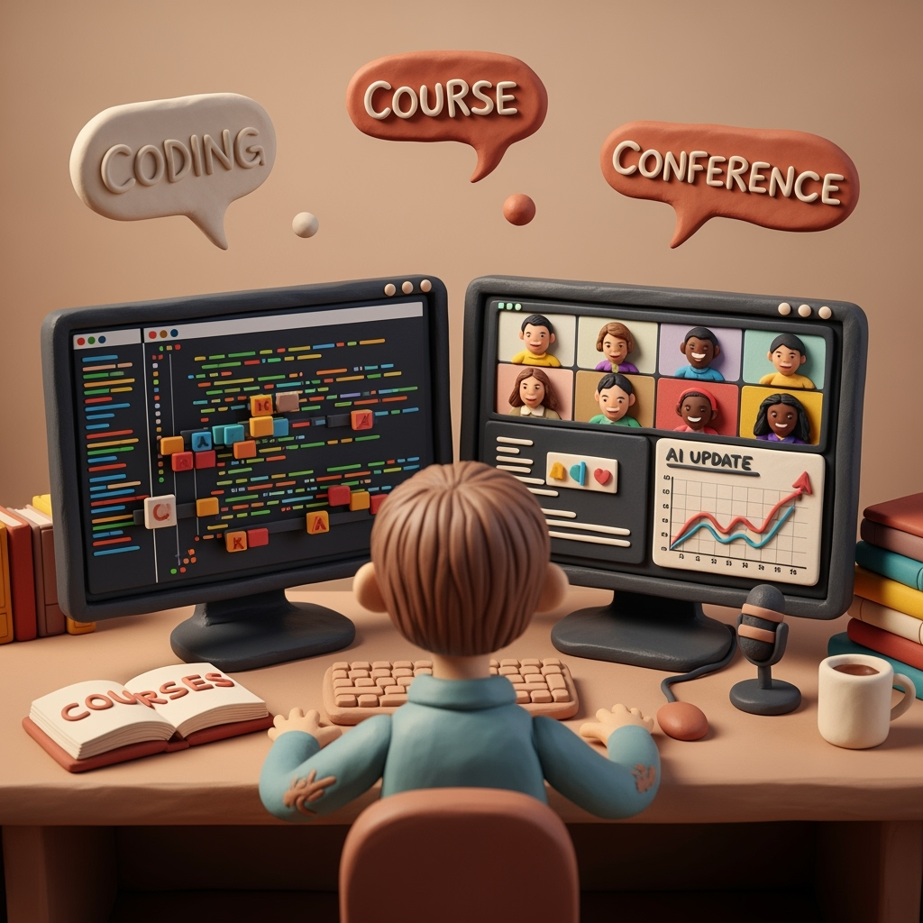 from behind: person sitting in front of his 2 screens while coding and chatting with friends