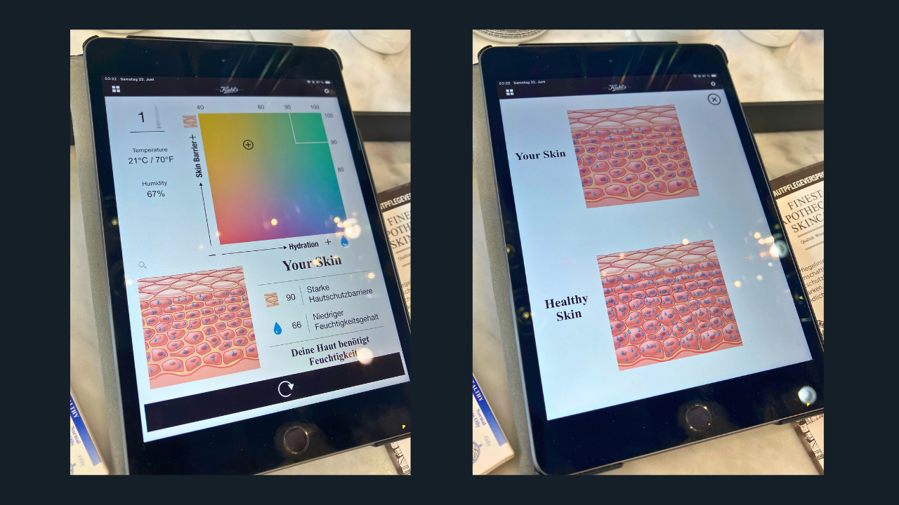 Two tablets display a skin analysis from Kiehl's Derma Reader. The left screen shows temperature, humidity, skin barrier strength, and hydration level, with a skin diagram. The right screen compares the user's skin to an illustration of healthy skin, showing visual differences.