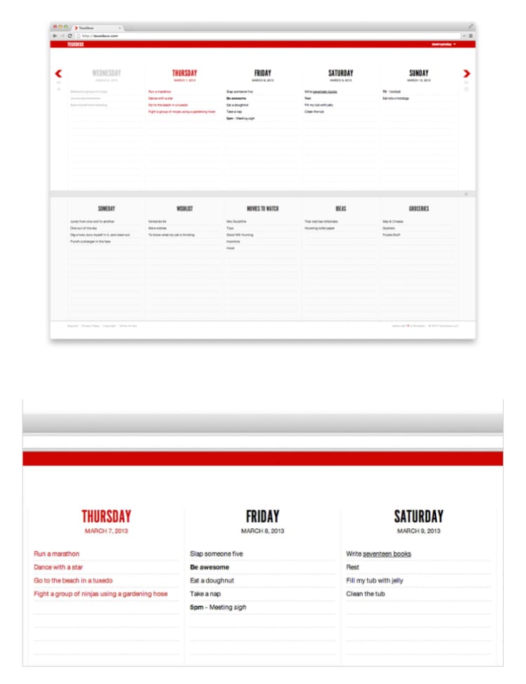 web interface of teuxdeux, seeingevery day of the week