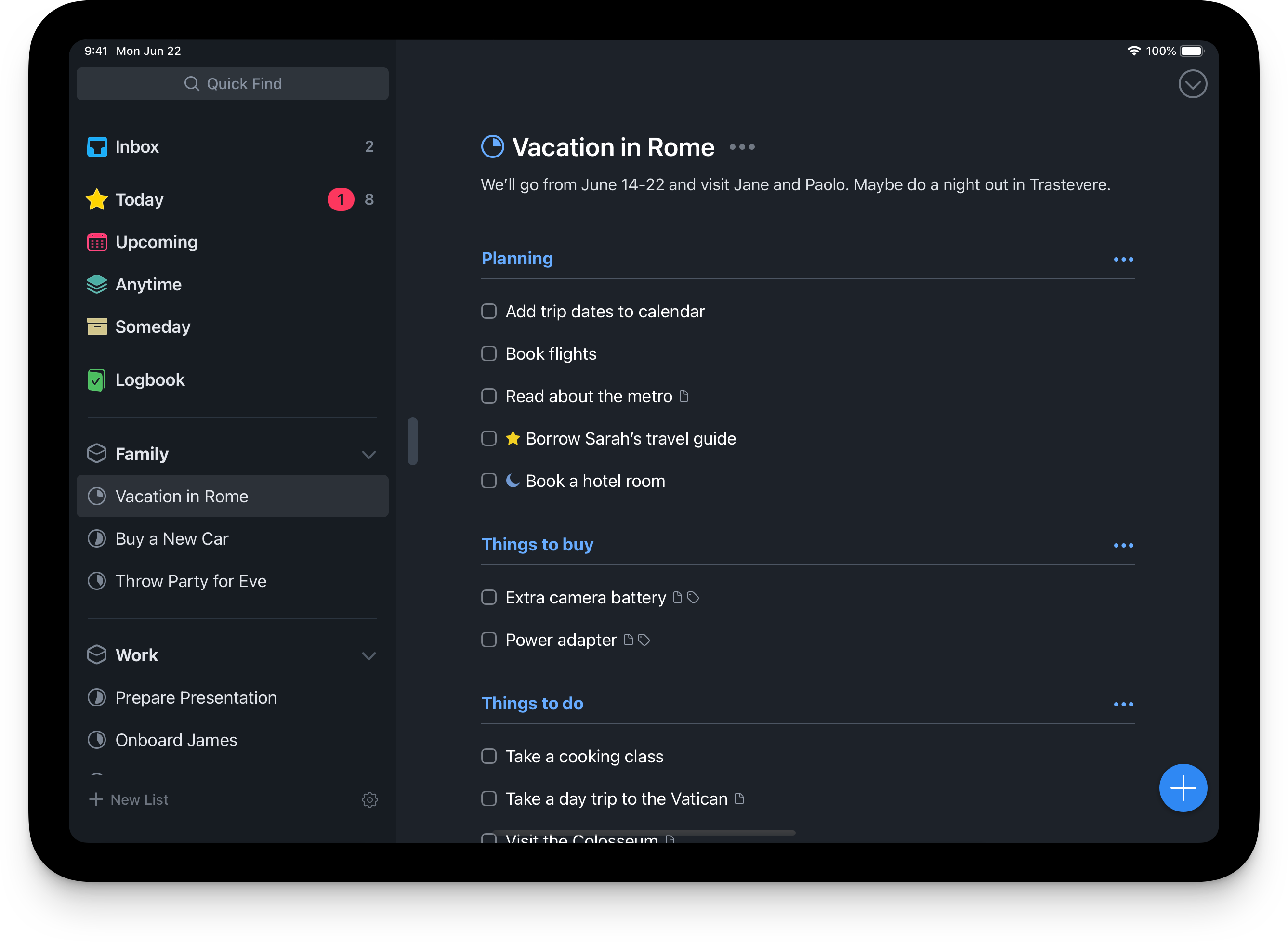 User Interface on the iPad with different categories like today, upcoming etc. and to-do tasks