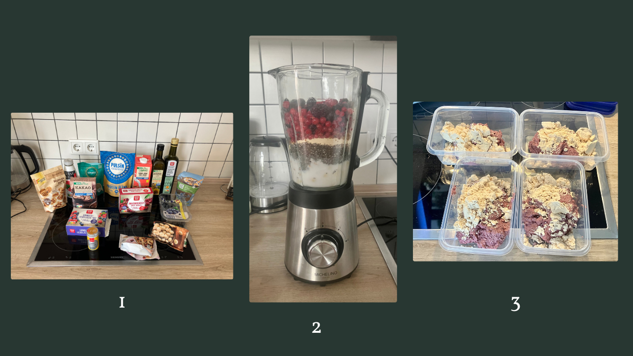 3 steps shown: nr1. Buy ingredients, nr2. nix everything together, nr3. prep 4 nutty puddings for the week