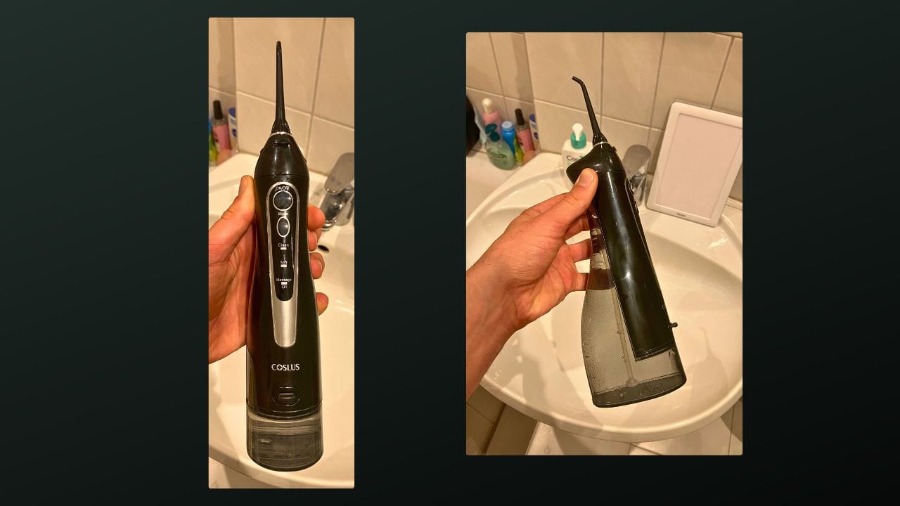 Two images showing a hand holding a black COSLUS water flosser in a bathroom setting. The background shows a white sink and various toiletries, including bottles and containers, on the counter. The first image is a front view of the water flosser, and the second image shows a side view.