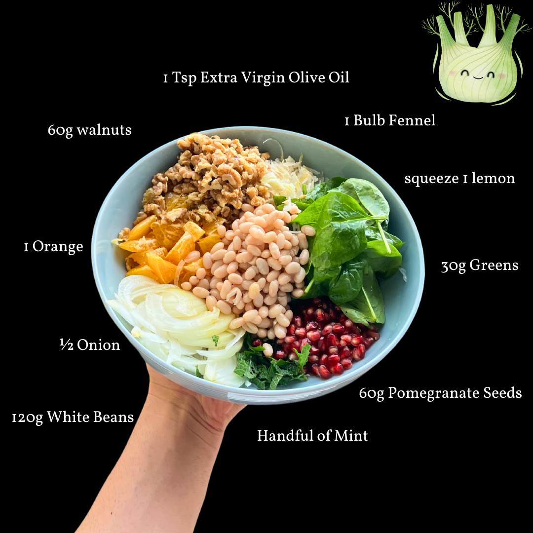 Discover a vibrant and nutritious salad with a blend of fresh ingredients: fennel, orange, white beans, greens, walnuts, pomegranate seeds, and a hint of mint, all drizzled with extra virgin olive oil and lemon juice. Perfect for a healthy and delicious meal.