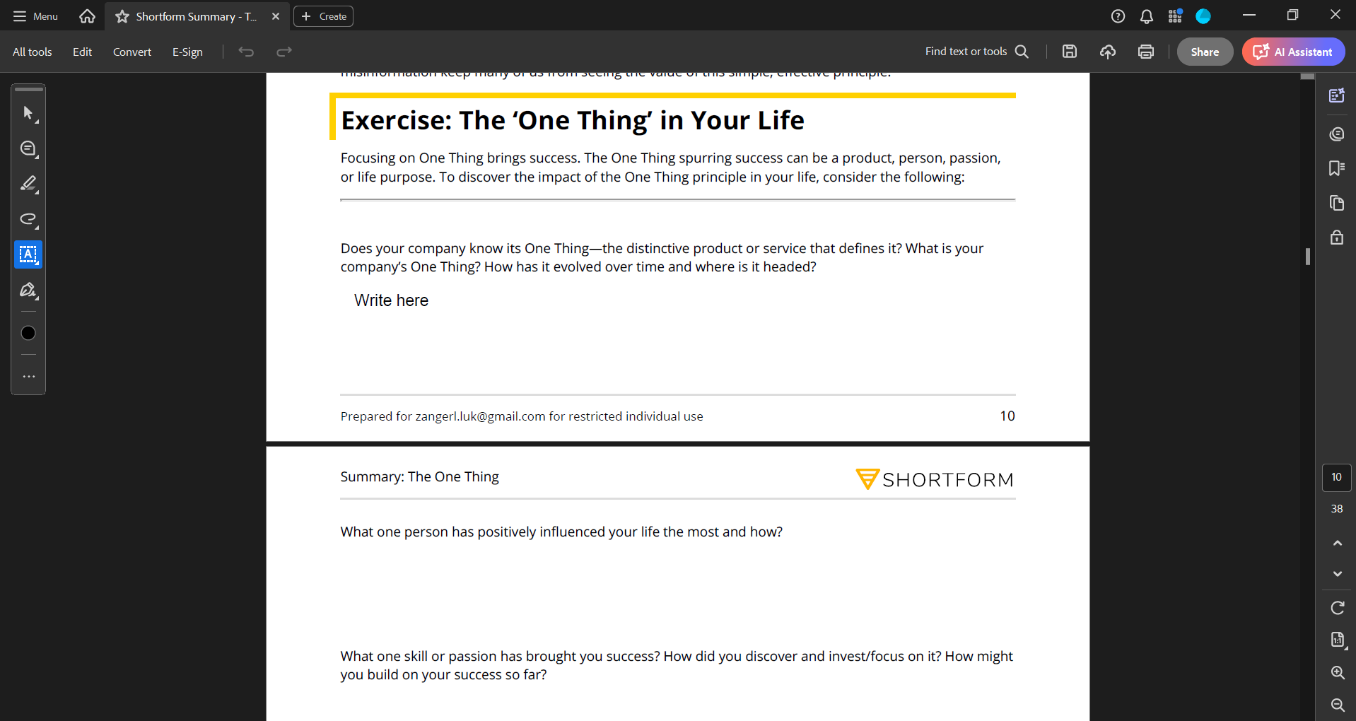 Exercise worksheet from Shortform's summary of The One Thing book showing reflection questions about discovering personal and company goals with a write-here prompt field