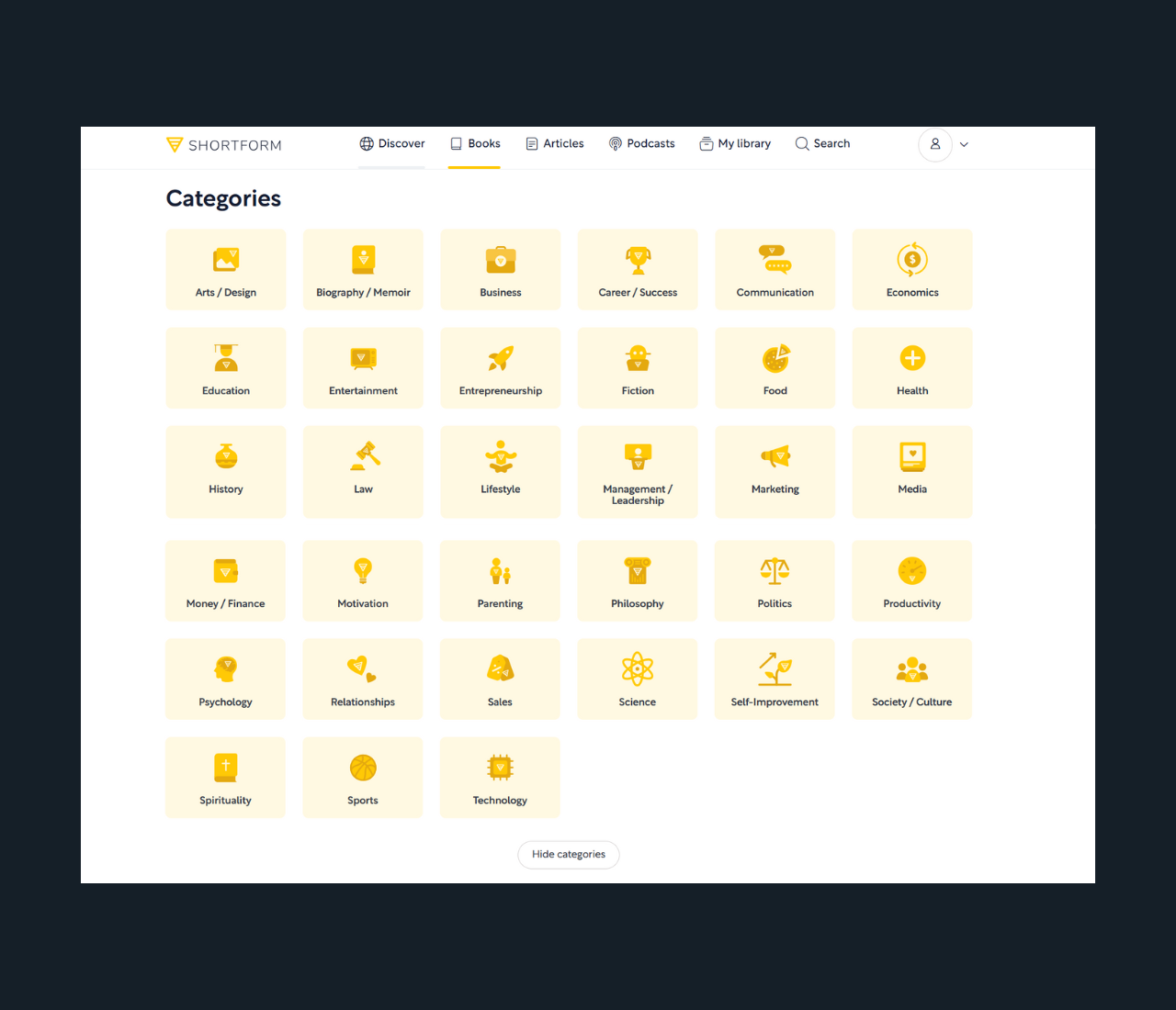 Shortform's book categories interface showing 27 yellow icons representing different genres including Business, Psychology, Health, Science, and more on a white background with navigation menu