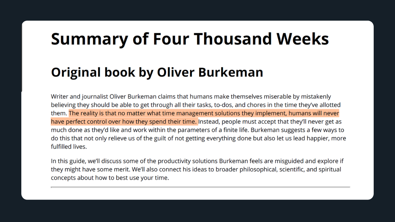 Screenshot of Shortform book summary introduction page for 'Four Thousand Weeks' by Oliver Burkeman, showing the book's main premise about time management delusions and human limitations in controlling time. White text on dark background explains the book's core message about accepting finite time constraints