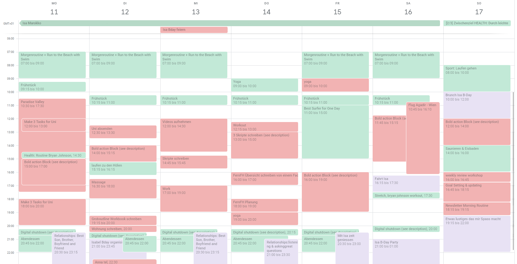 my calendar in a typical week from monday to sunday